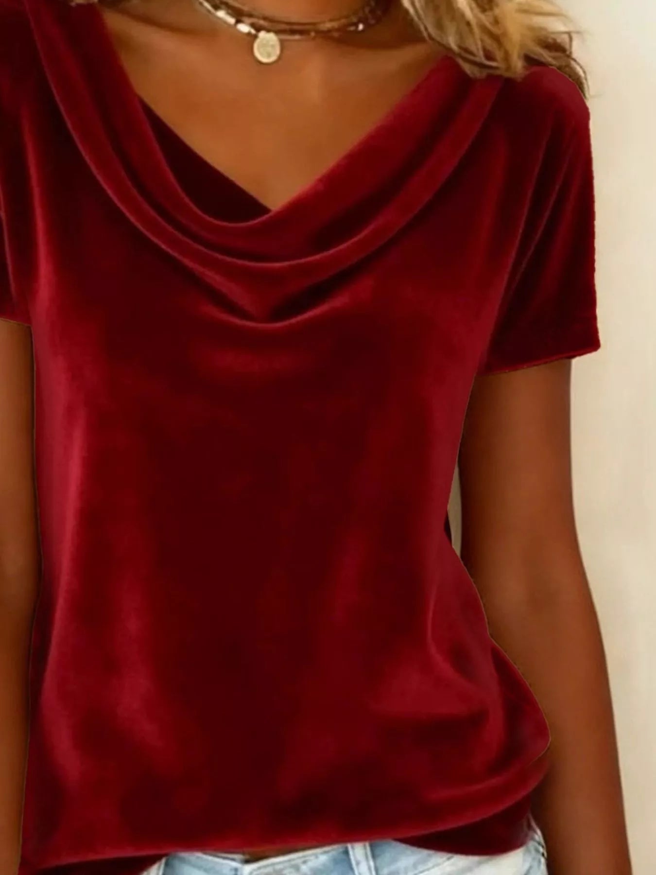 Velvet Cowl Neck Short Sleeve Top