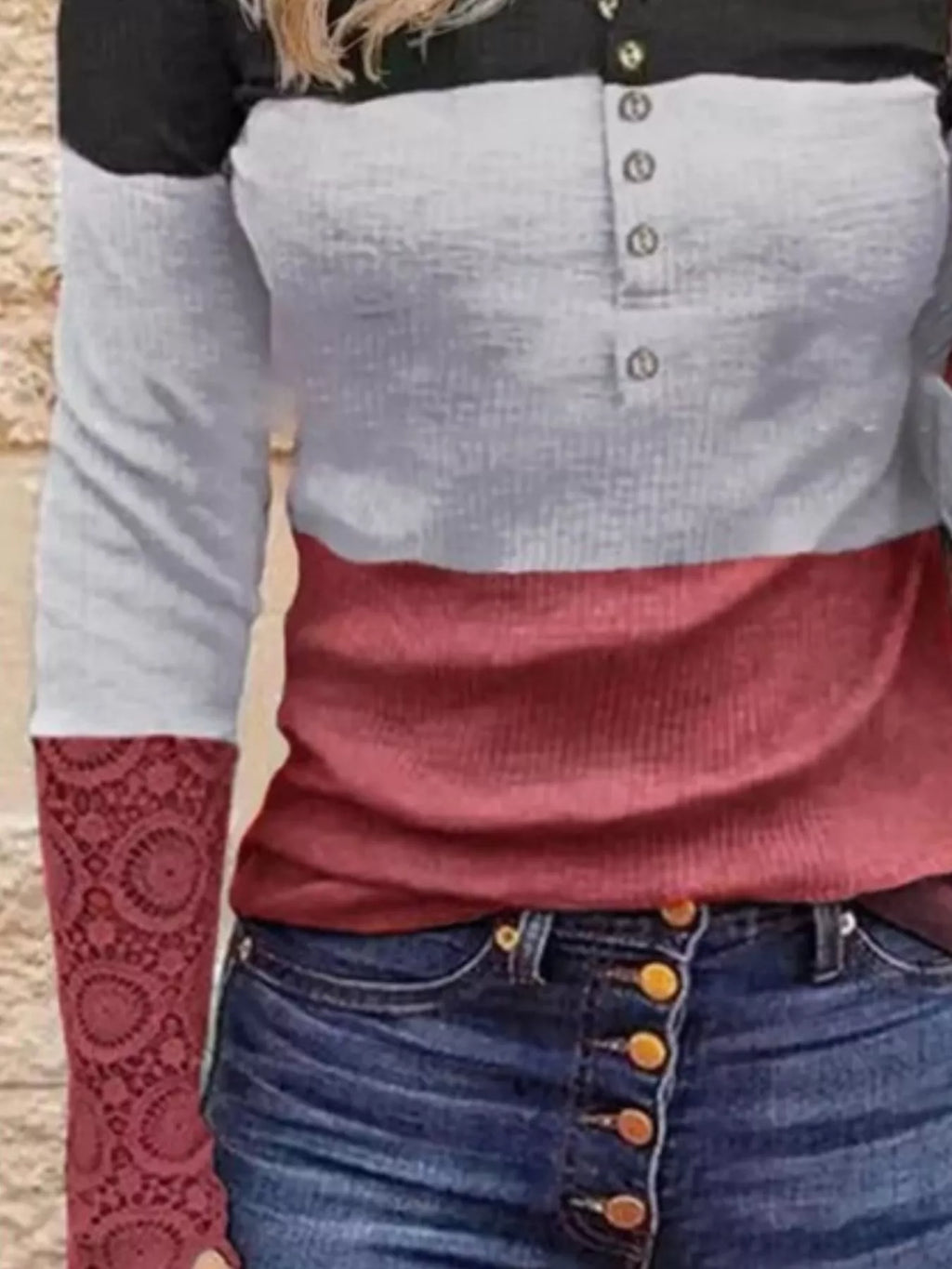 Color Block Lace Detail Half Button T-Shirt