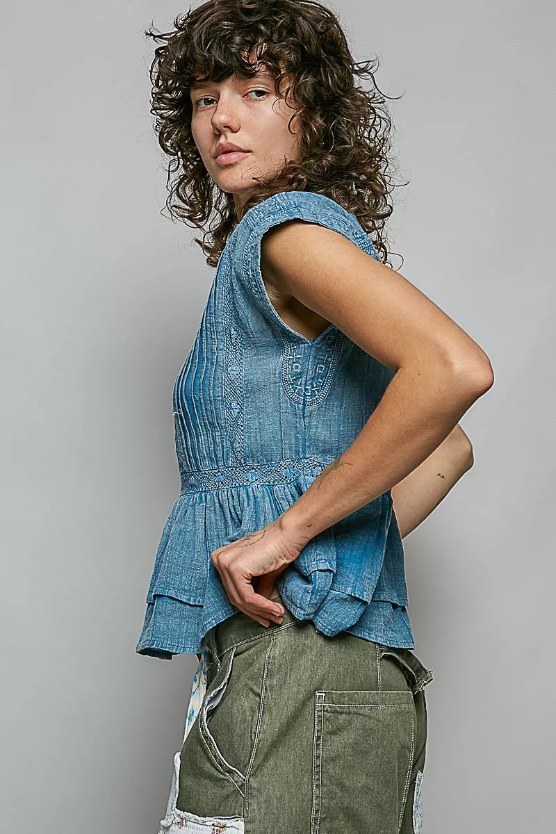 POL Eyelet Embroidery Pintuck Sleeveless Cotton Blouse