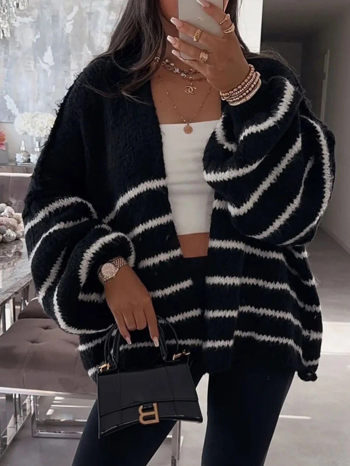 Striped Open Front Dropped Shoulder Cardigan