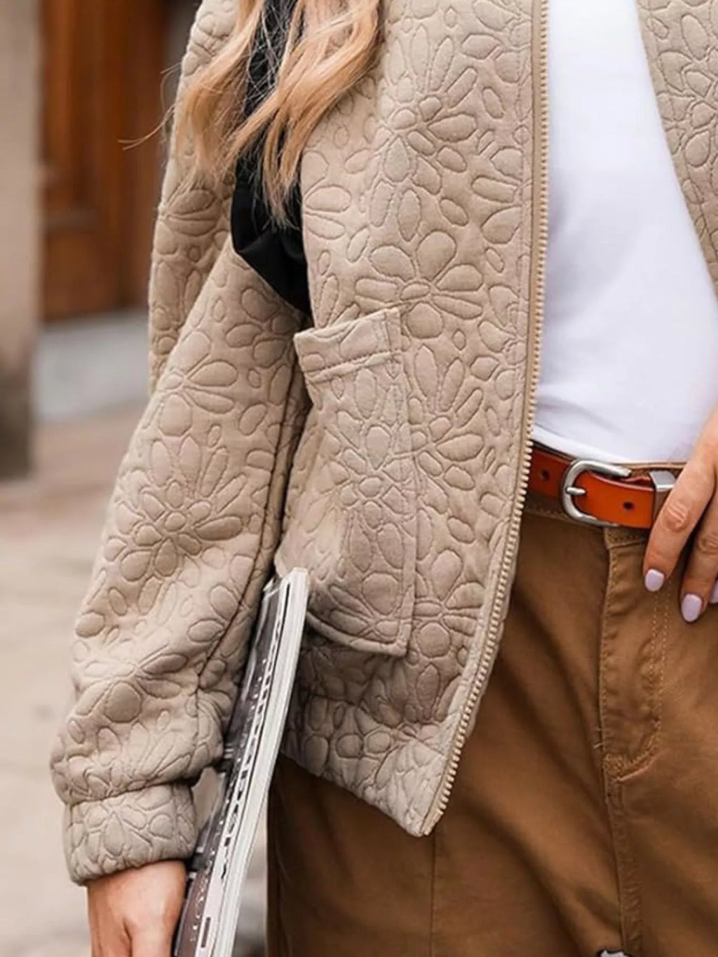 Full Size Floral Quilted Zip Up Jacket Plus Size