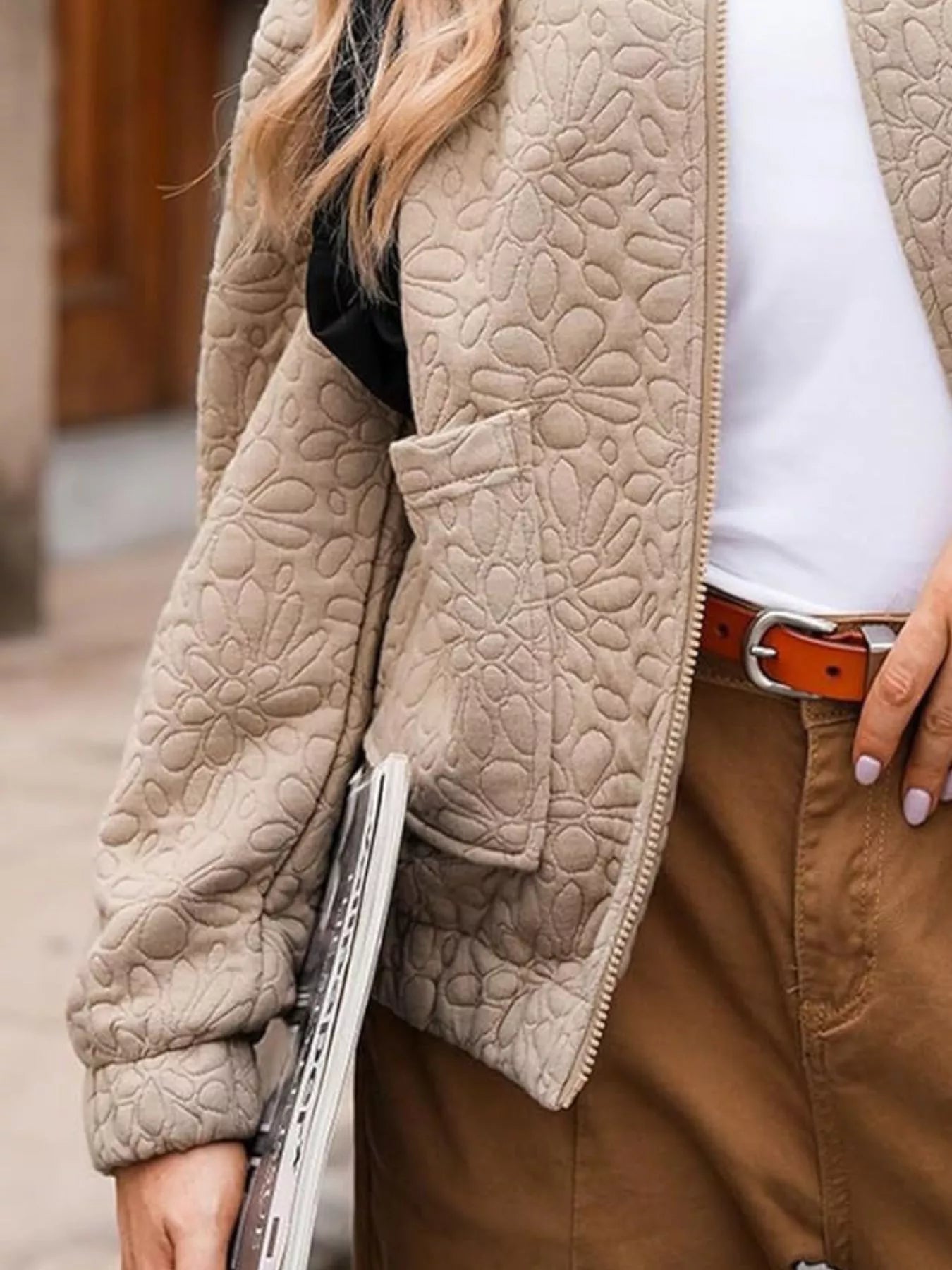Full Size Floral Quilted Zip Up Jacket Plus Size