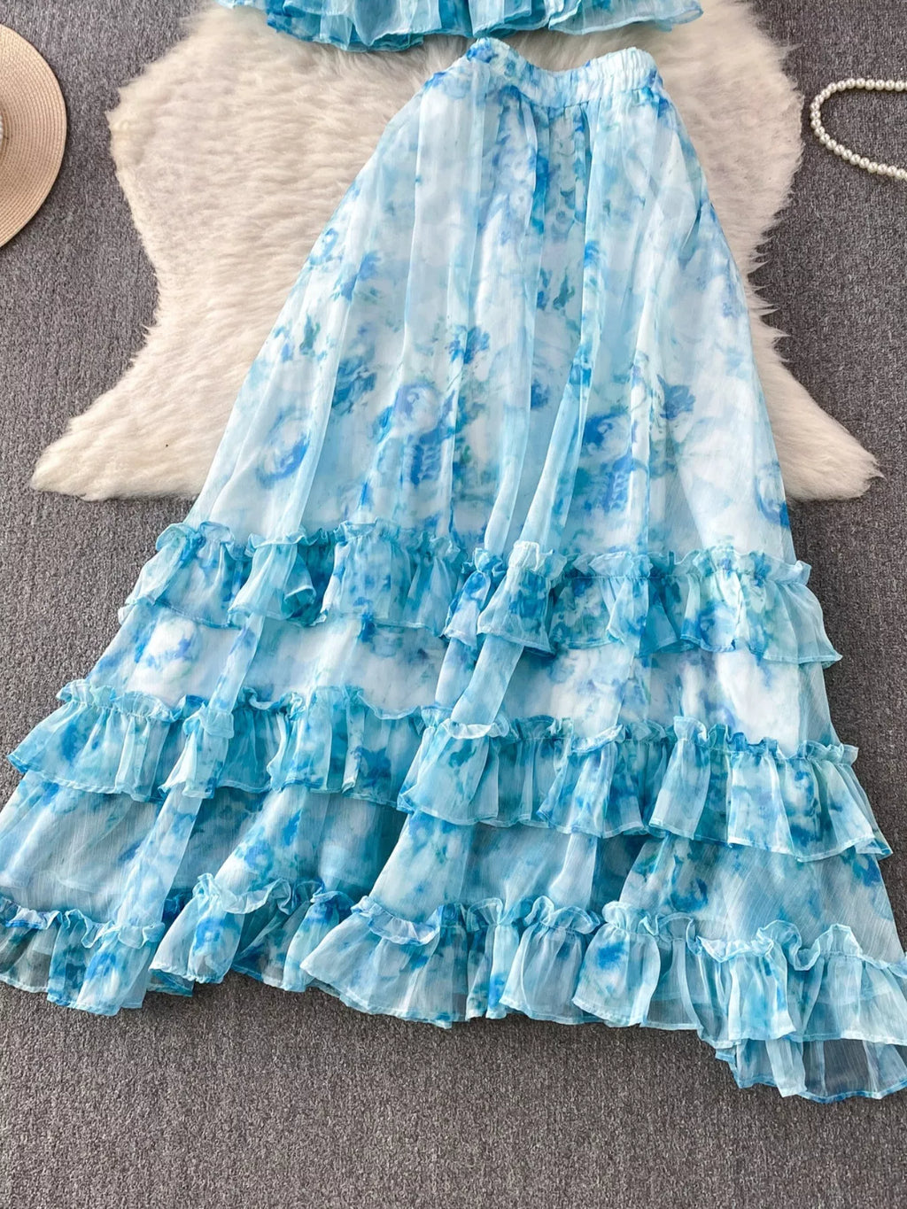 Floral Print Ruffle Hem Blouse and Skirt Set