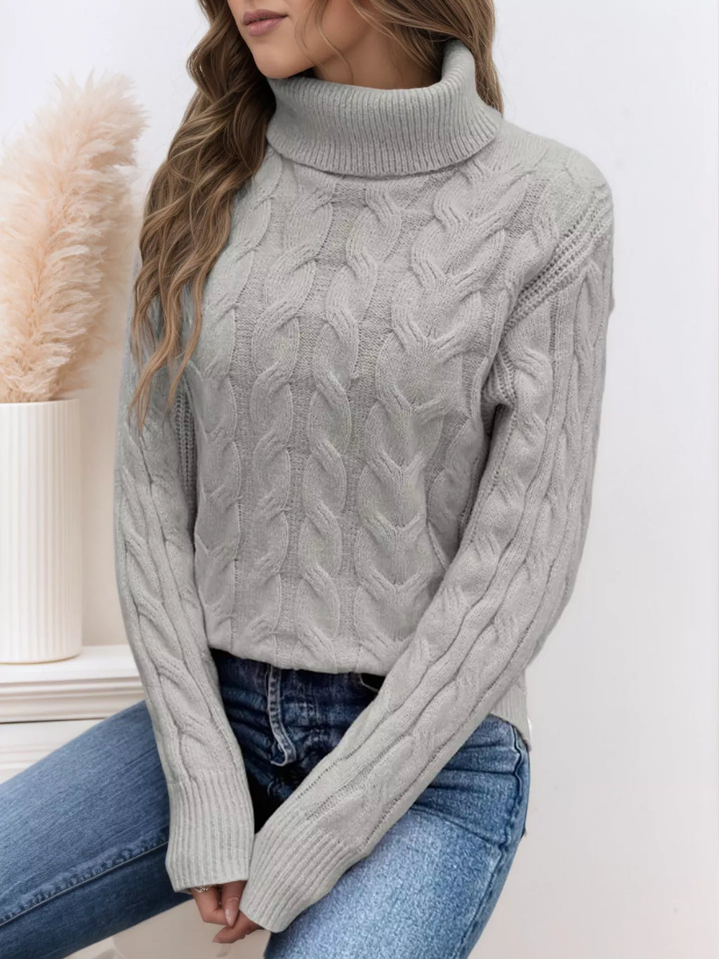 Cable Knit Turtleneck Long Sleeve Sweater