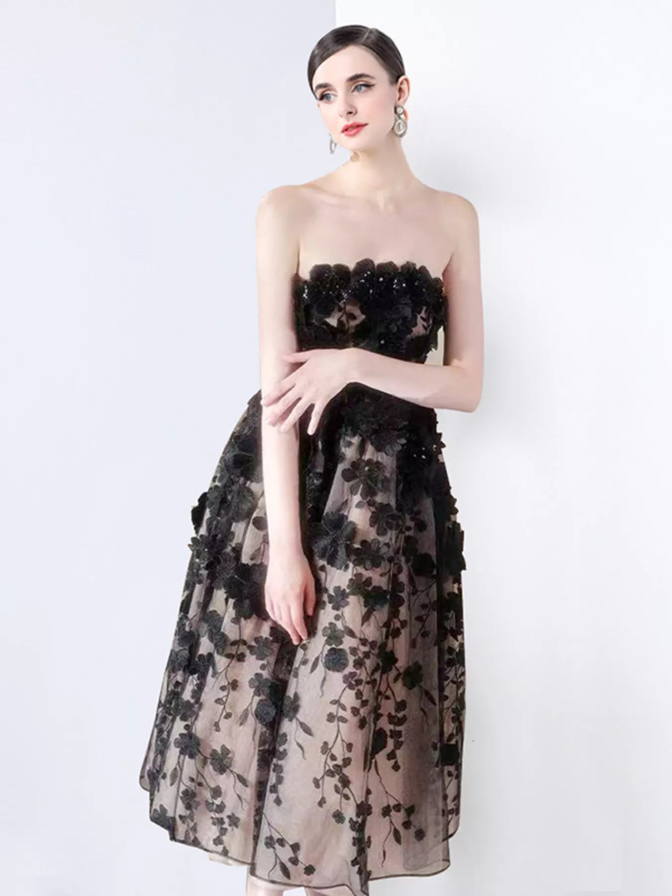 Strapless Floral Applique Midi Dress