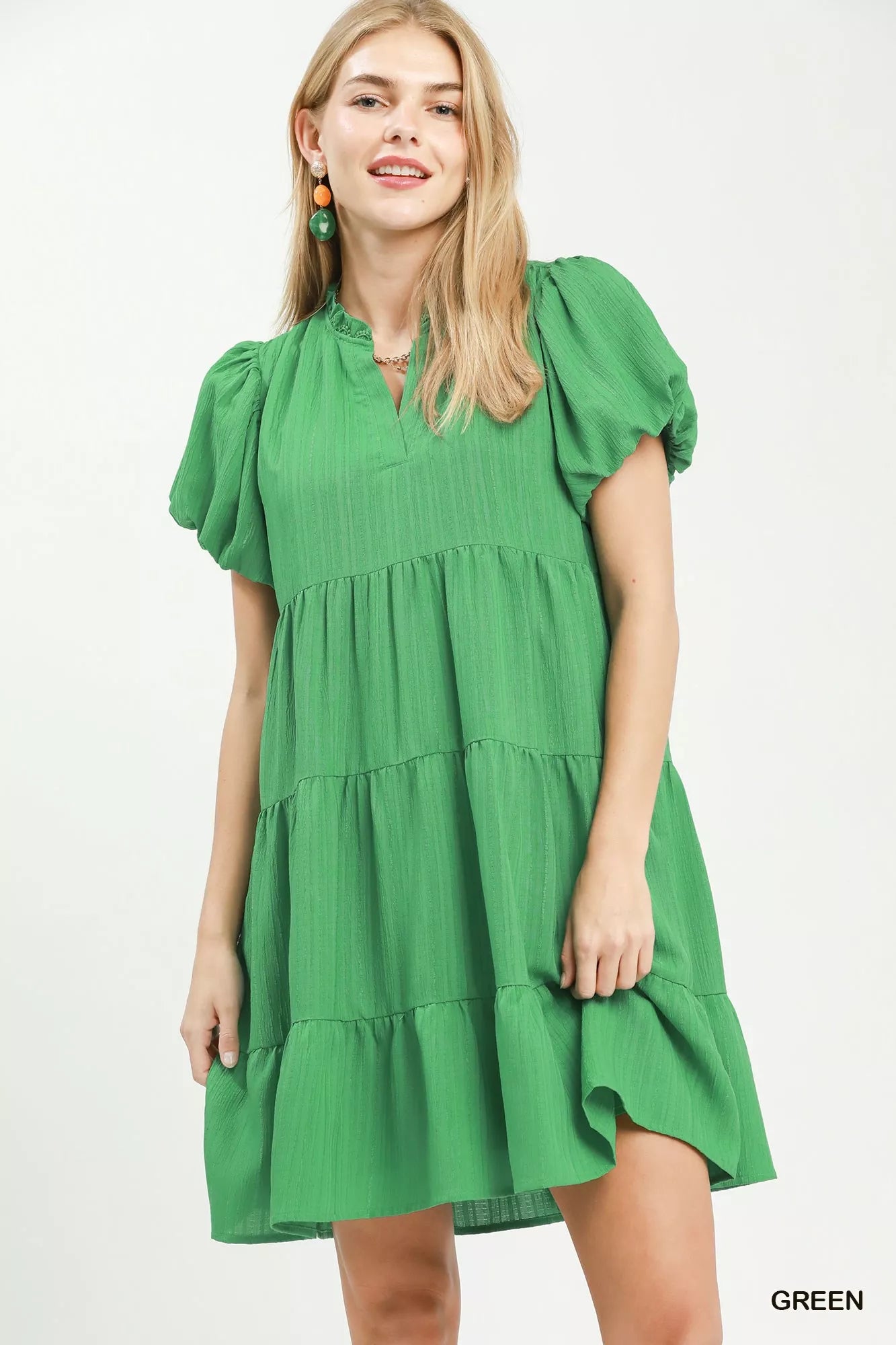 Umgee Puff Sleeve Tiered Babydoll Dress