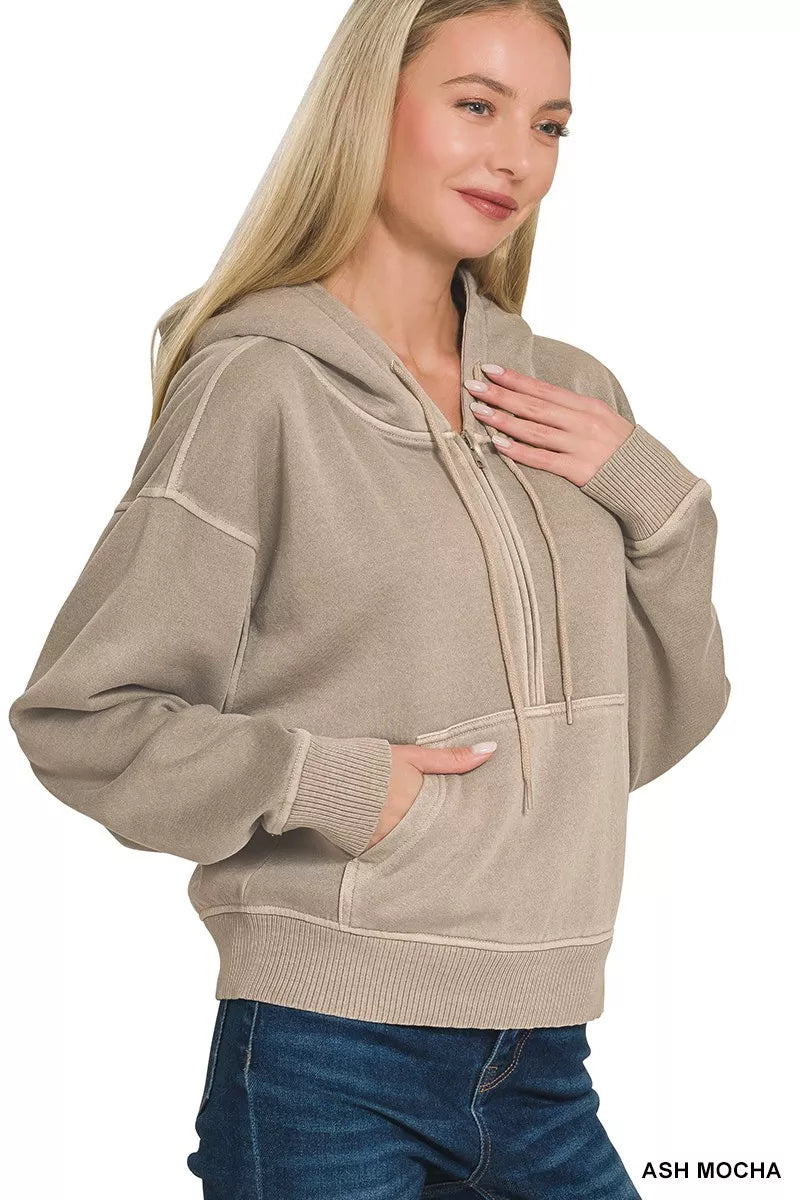 Zenana Fleece Pigment Dye Half Zip Kangaroo Pocket Hoodie