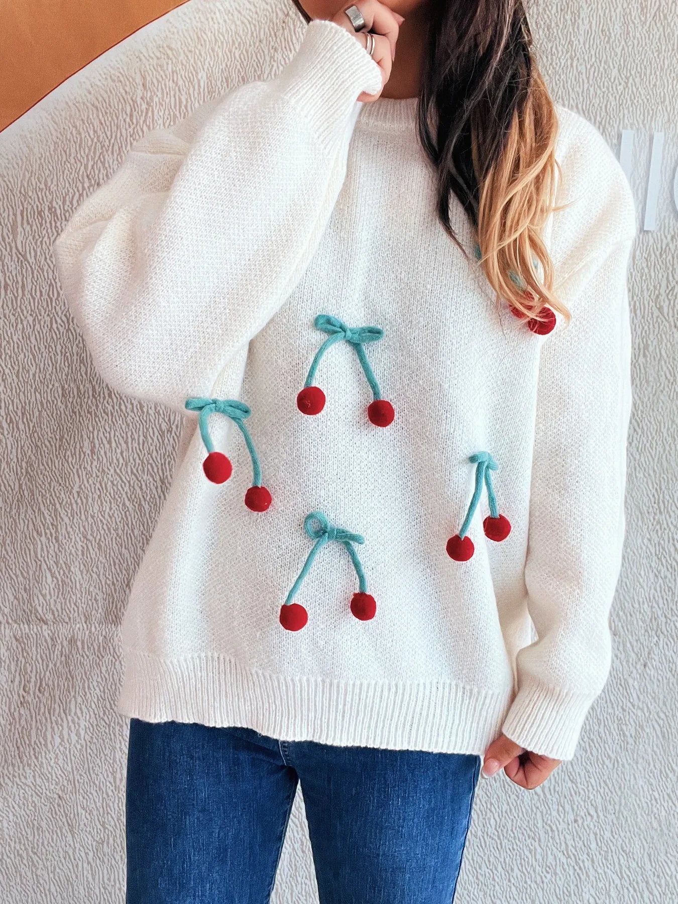 Cherry Round Neck Long Sleeve Sweater