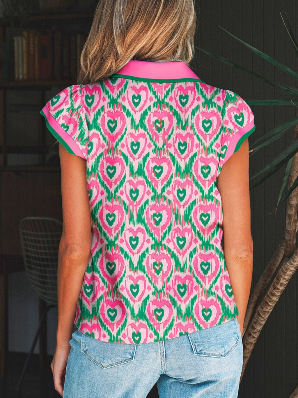 Abstract Heart In Heart Print Striped Trim Polo Collar Short Sleeve Blouse