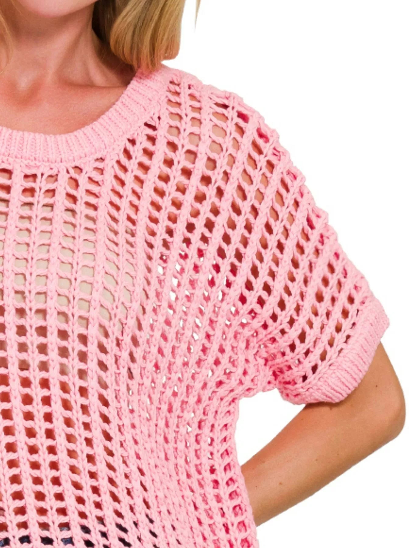 Zenana Fish Net Short Sleeve Crochet Knit Cover Up