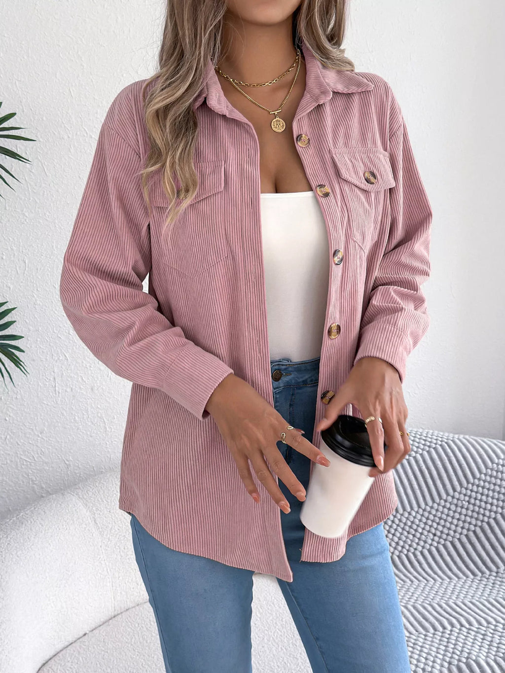 Casual Corduroy Button-Up Shacket