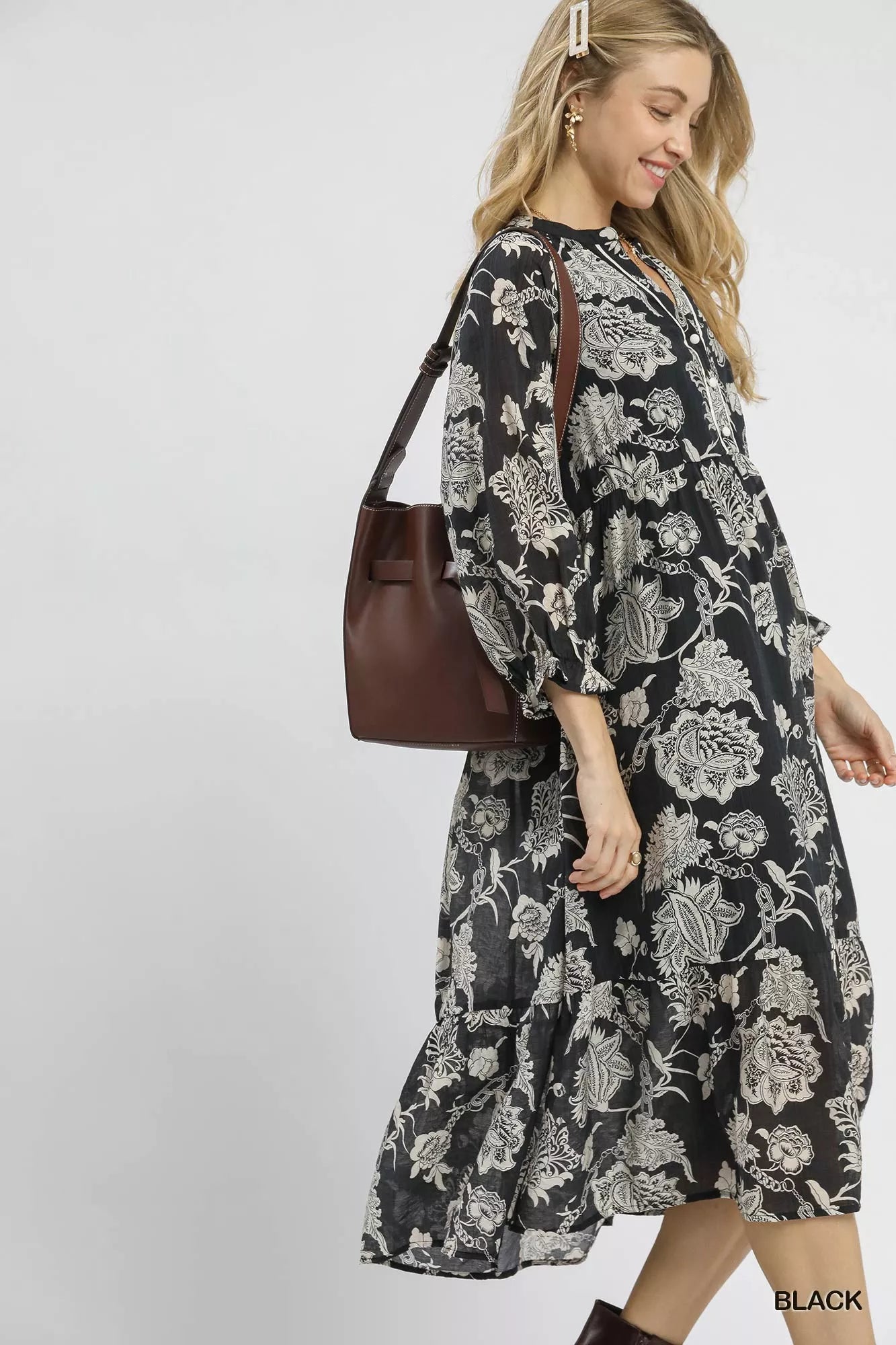 Umgee Floral Print Boho Midi Dress