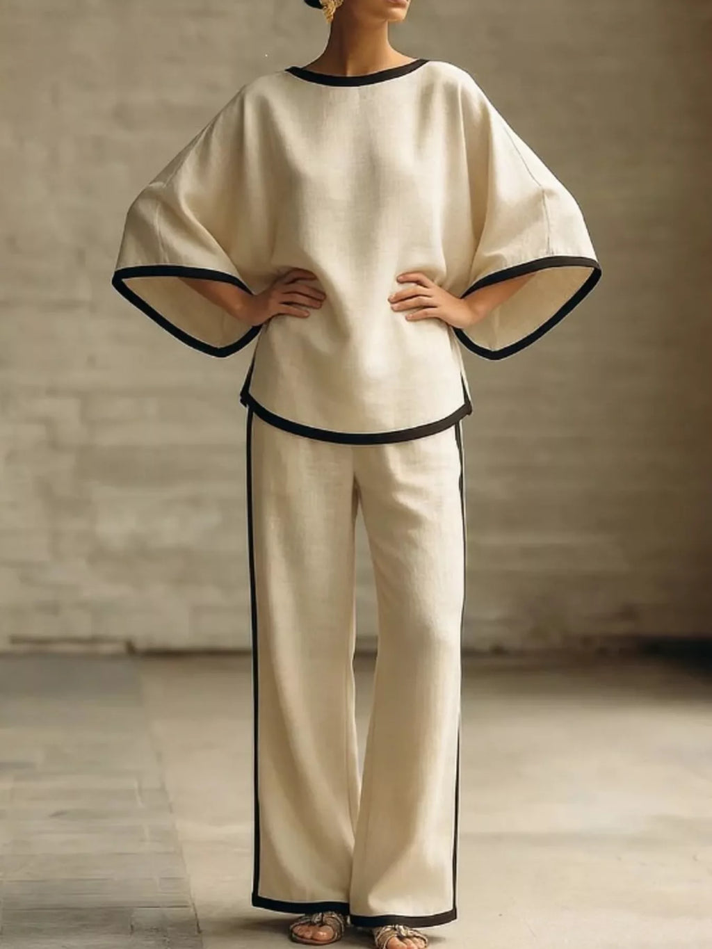 Full Size Contrast Trim Top and Wide-Leg Pants Set Plus Size