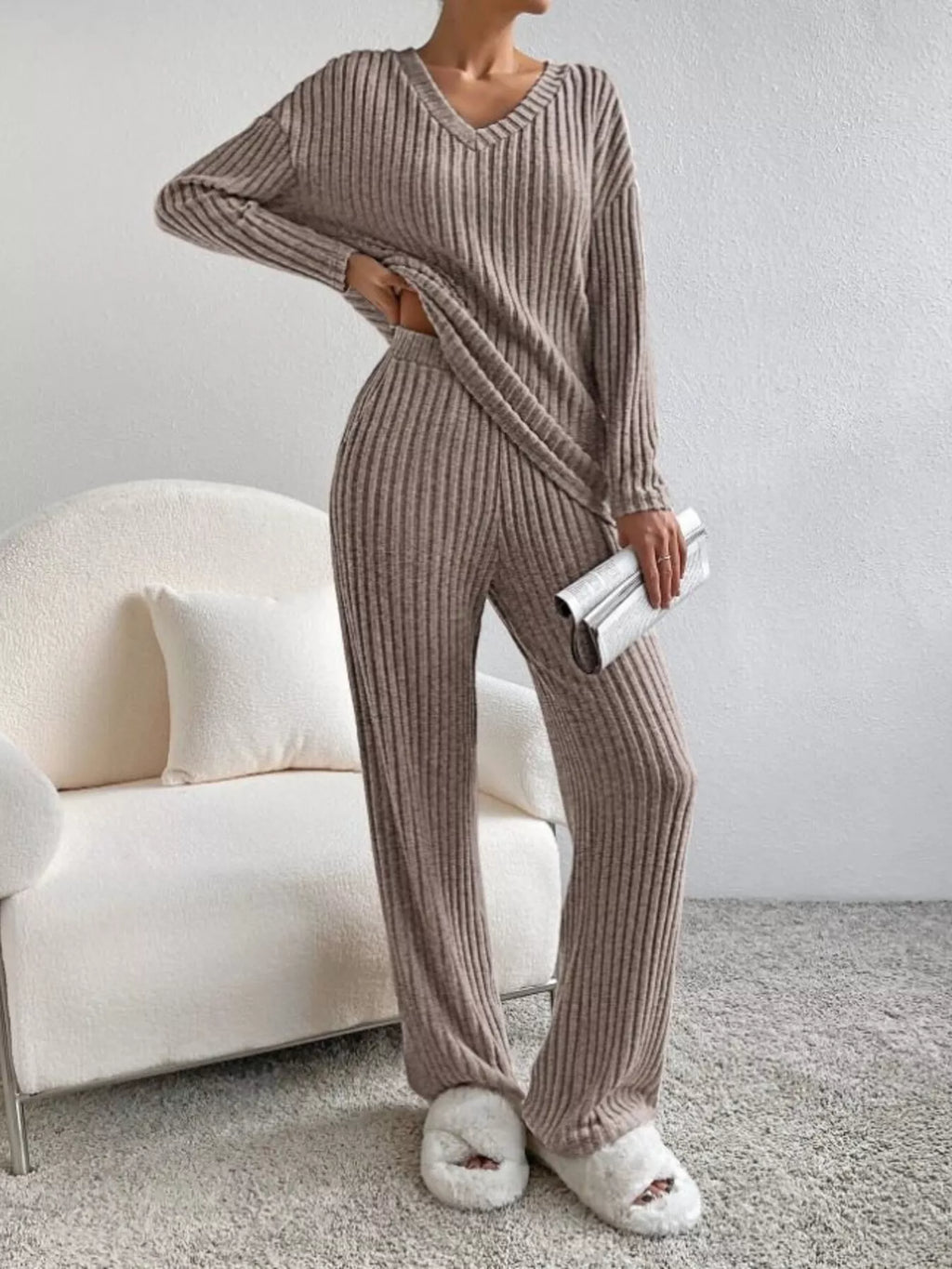 Ribbed Knit V-Neck Top and Pants Set