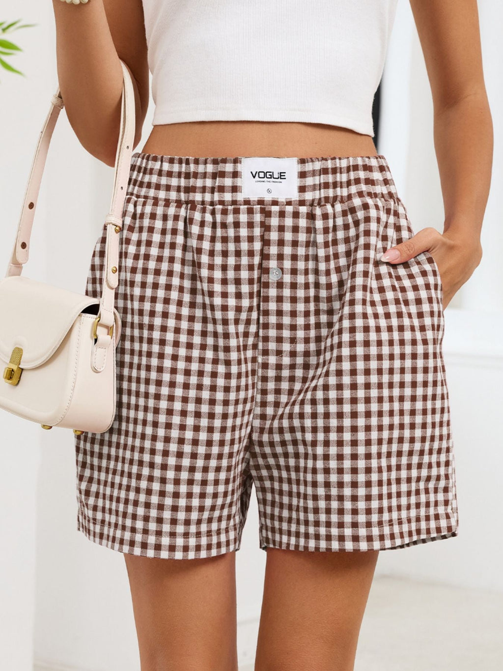 Gingham Elastic Waist Casual Shorts