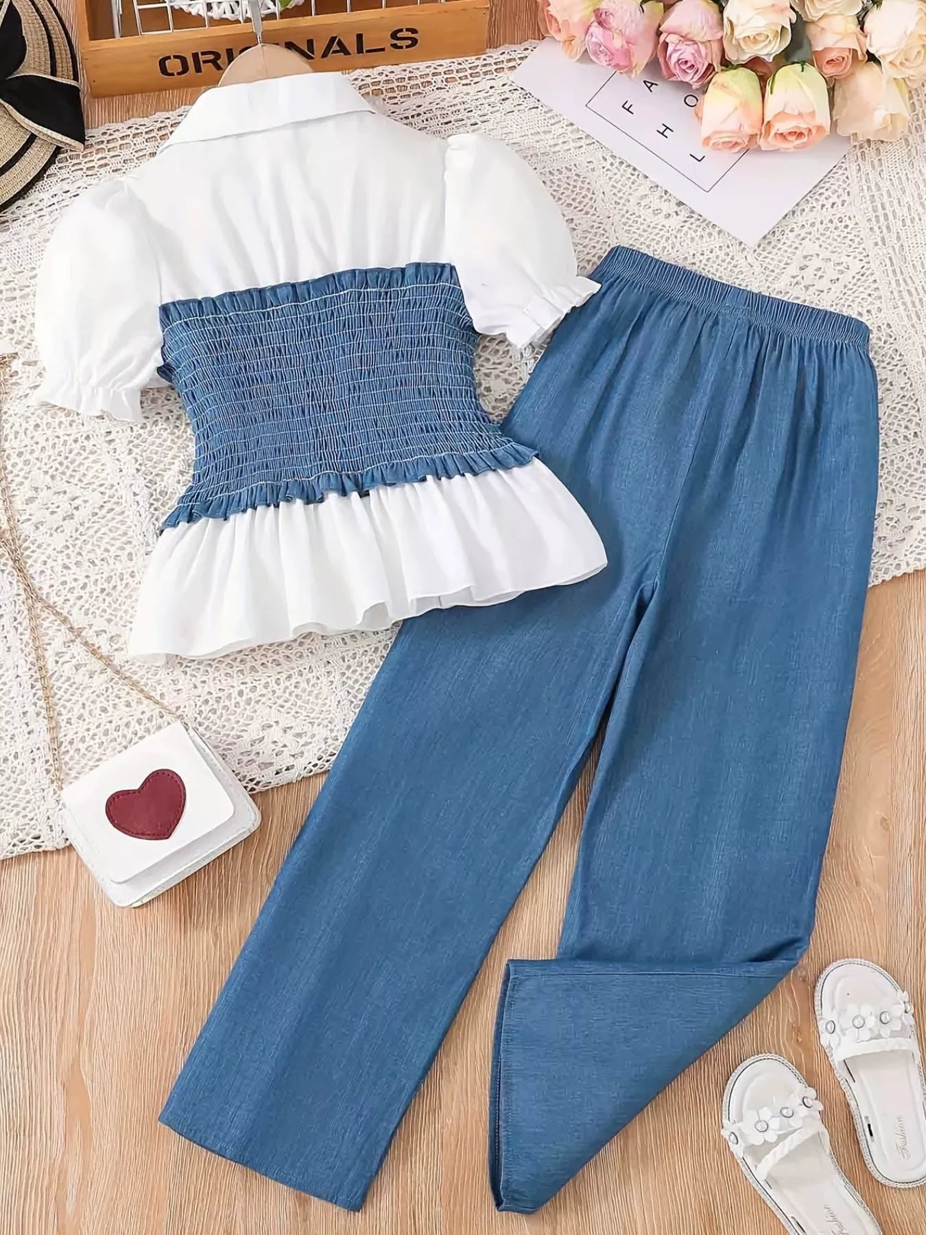 Children's Smocked Blouse and Wide Leg Pants Set