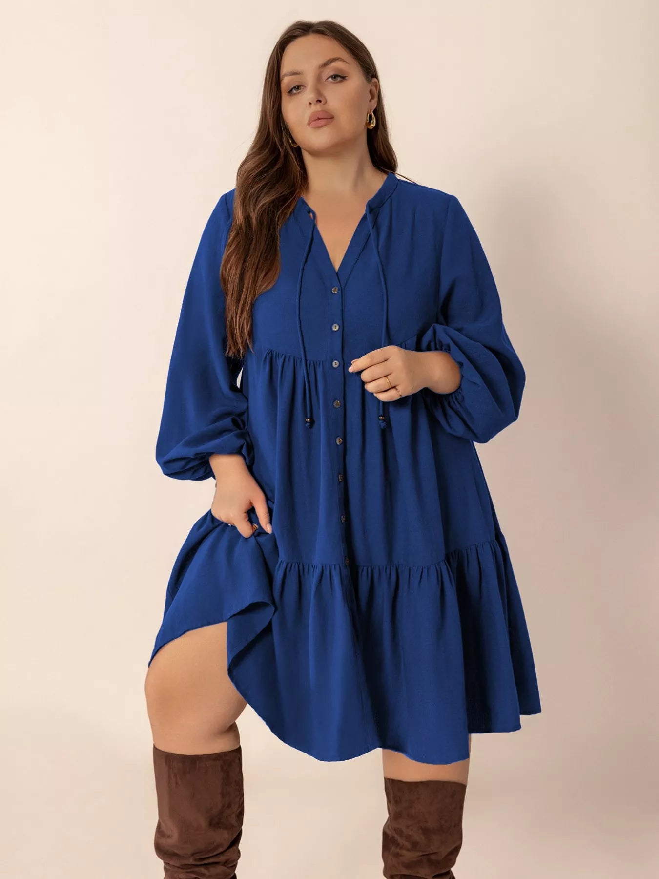 Plus Size Tie Neck Balloon Sleeve Dress