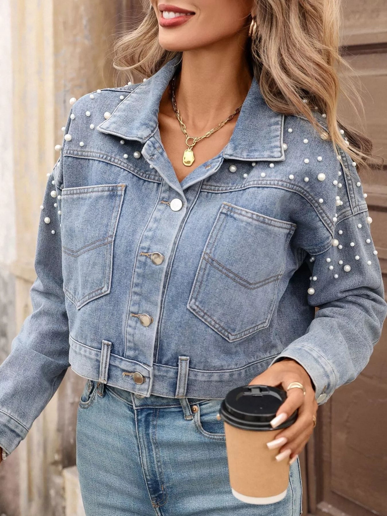 Pearl Embellished Cropped Denim Jacket