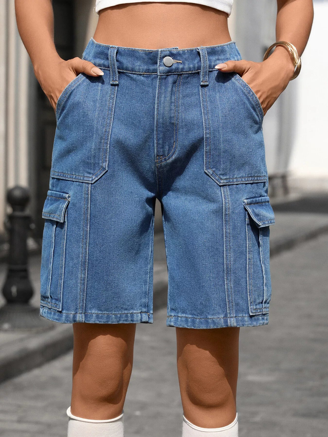 High-Waisted Wash Denim Shorts