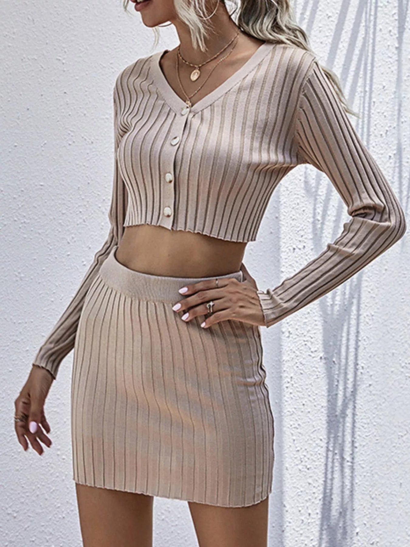 Ribbed Knit Cardigan & Mini Skirt Set