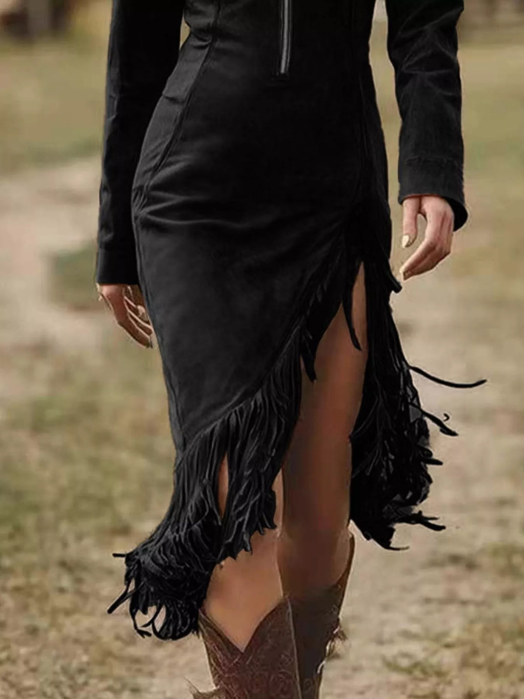 Full Size Fringe Hem Zip Front Bodycon Dress Plus Size