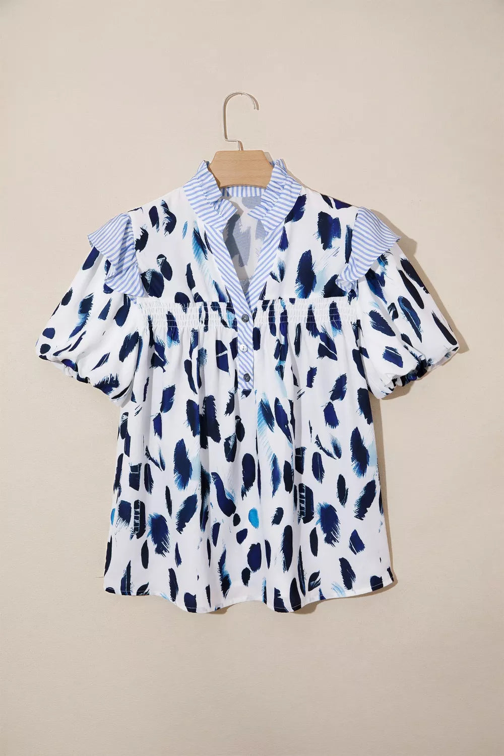 Abstract Animal Print Striped Ruffle Trim V Neck Blouse