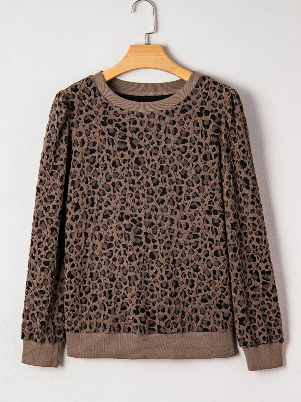 Ribbed Trim Leopard Print Long Sleeve Top