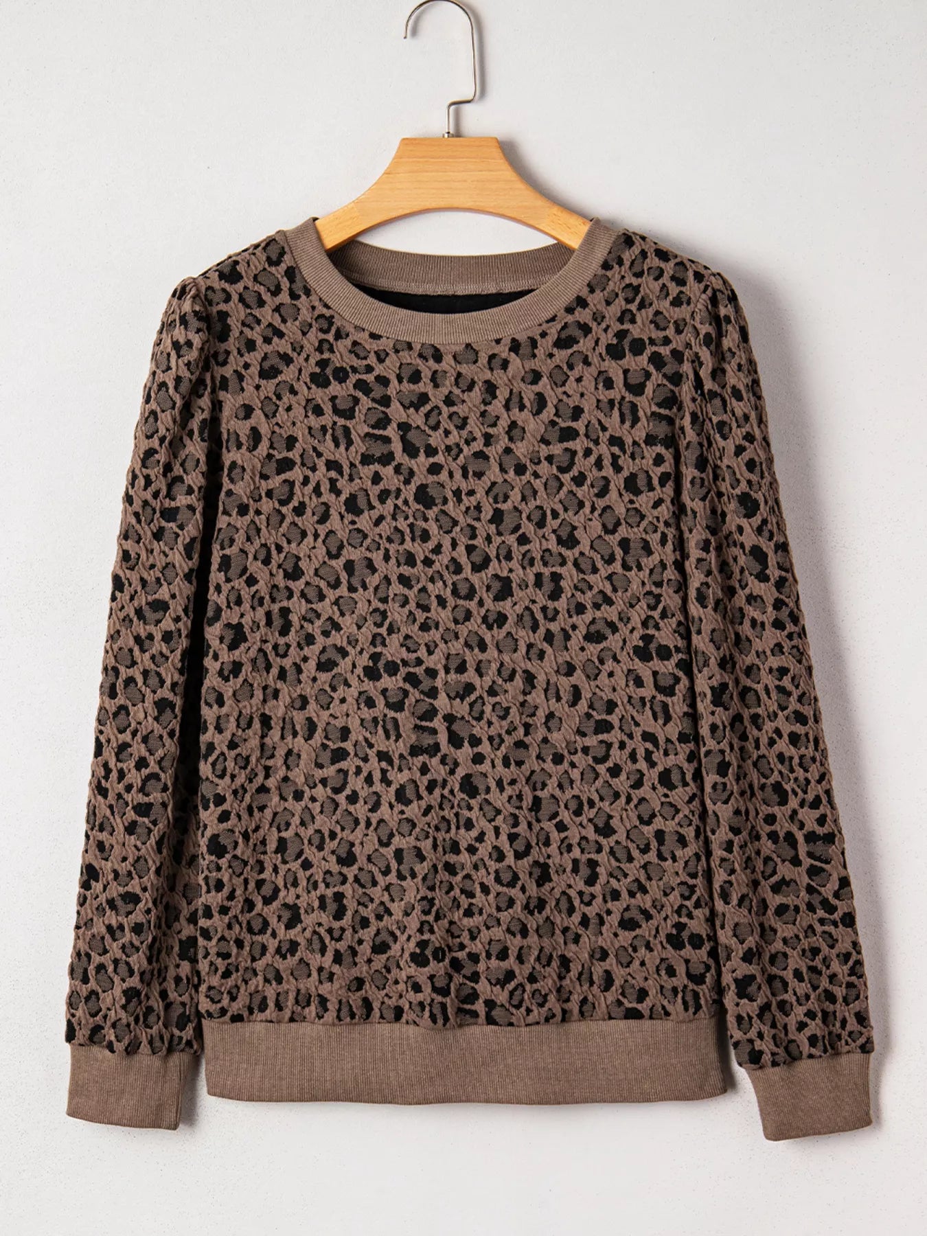 Ribbed Trim Leopard Print Long Sleeve Top
