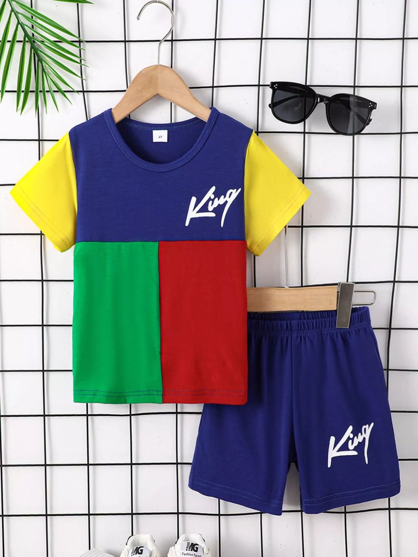 Children's Color Block Round Neck Tee and Shorts Set