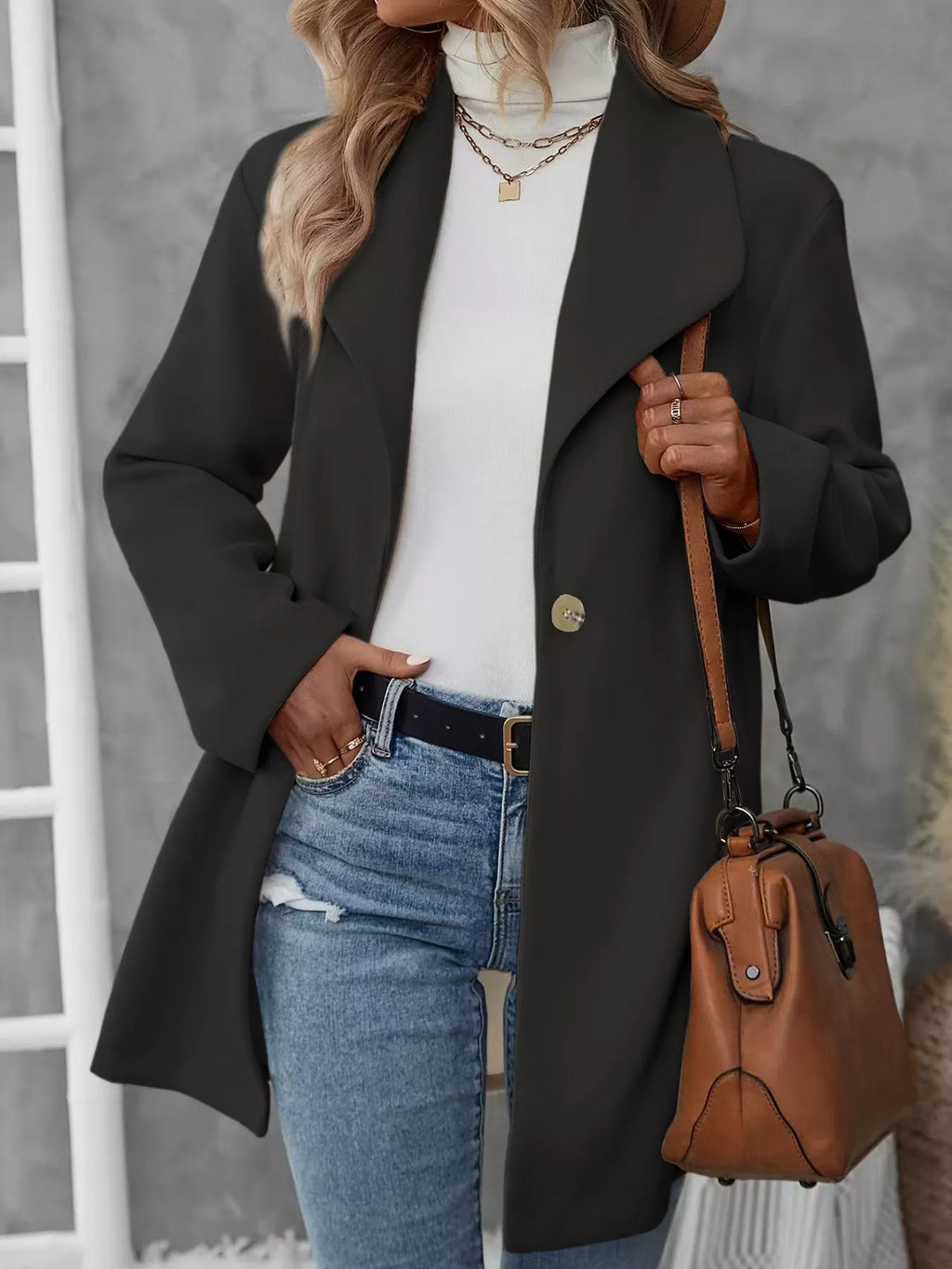Lapel Collar Single-Button Wool Blend Overcoat