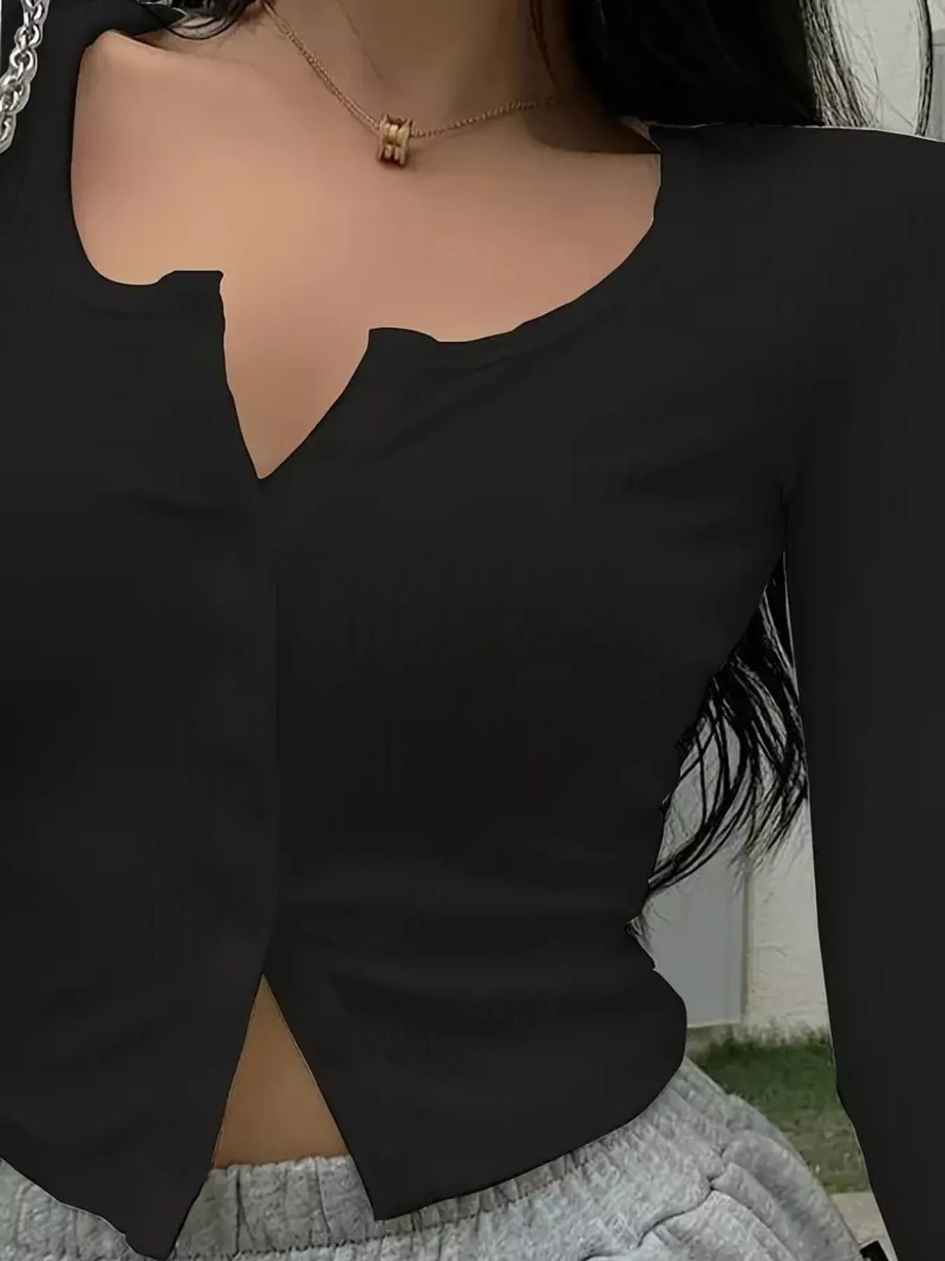 Ribbed Button-Down Long Sleeve T-Shirt