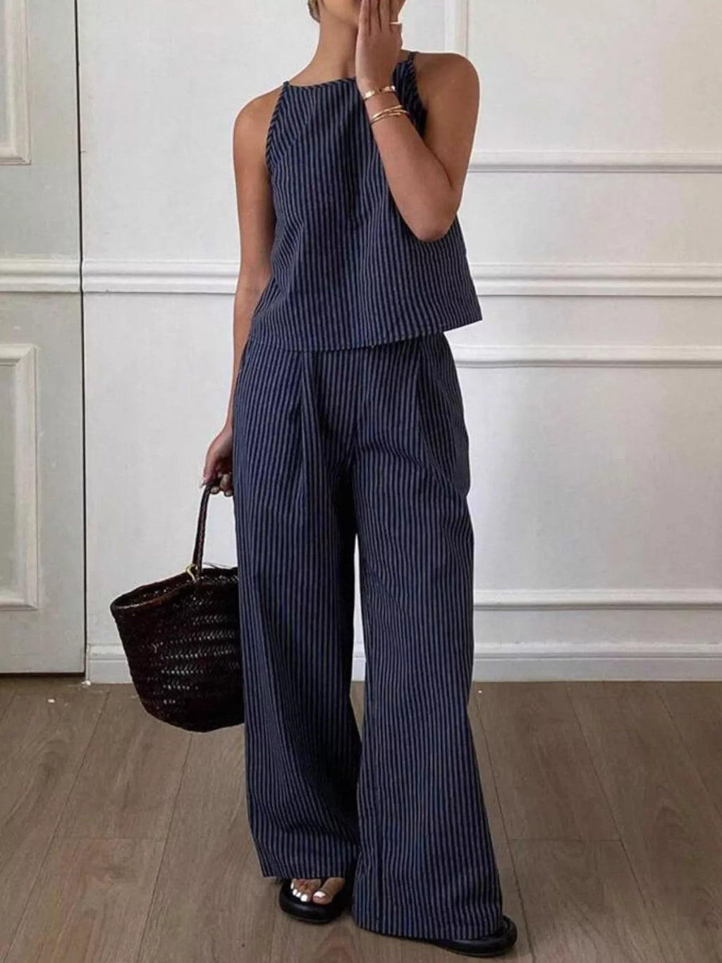 Striped Sleeveless Top and Wide-Leg Pants Set
