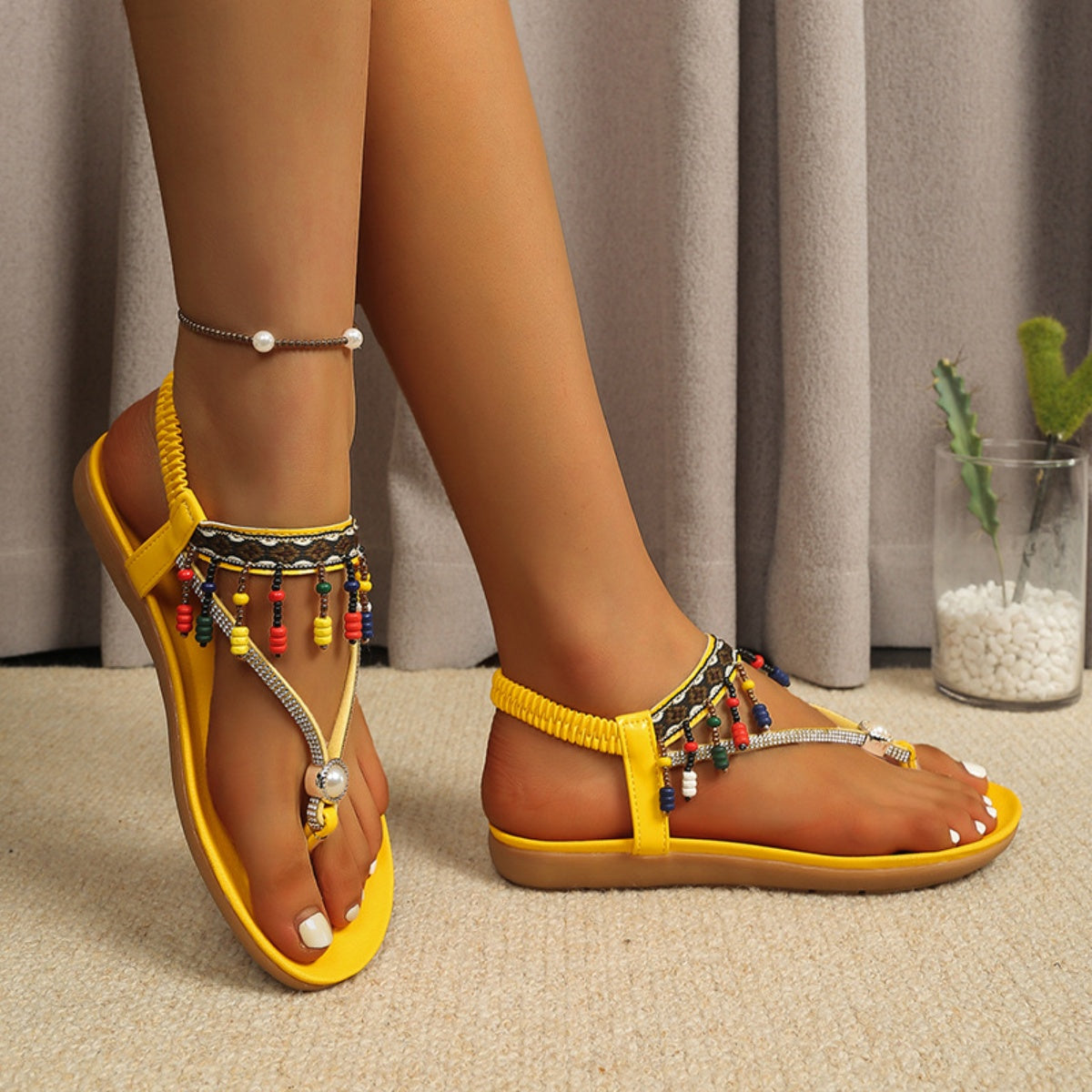 Beaded Ankle Strap Thong Sandals