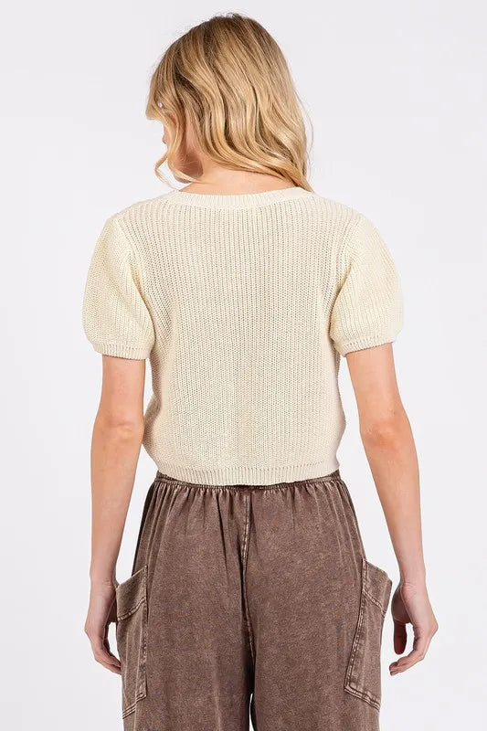 Mittoshop V-Neck Short Sleeve Crop Sweater