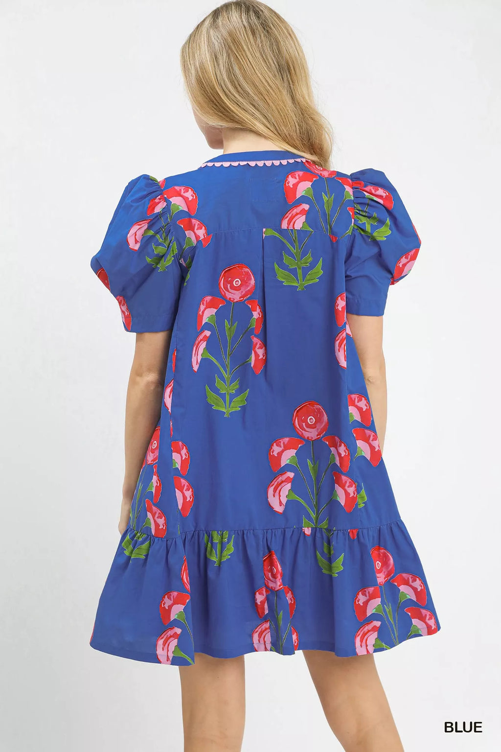Umgee Floral Print Puff Sleeve Mini Dress with Scallop Trim
