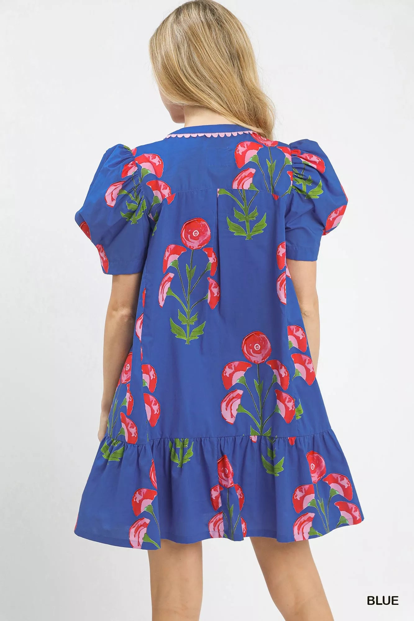 Umgee Floral Print Puff Sleeve Mini Dress with Scallop Trim