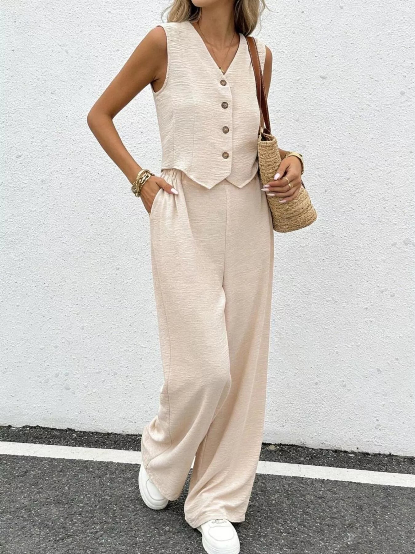 Button Up Vest and Wide Leg Pants Set