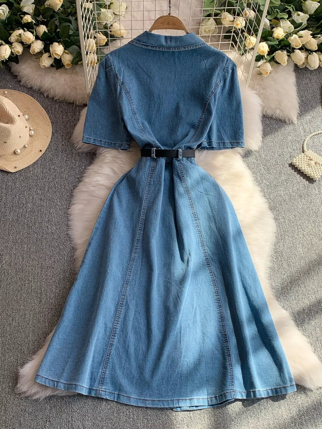Button Front Short Sleeve Denim Dress
