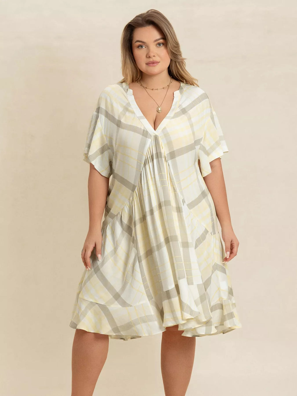 Plus Size Plaid Flutter Sleeve Dress