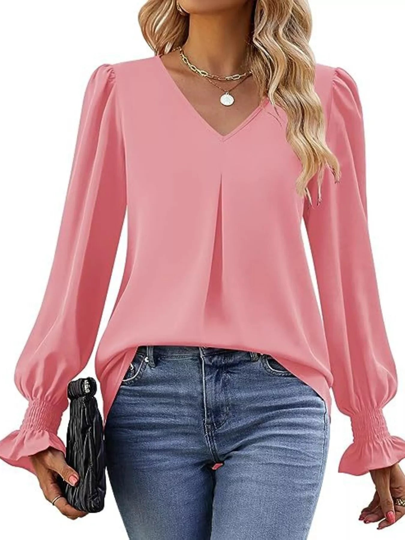 V-Neck Long Sleeve Ruffle Cuff Blouse