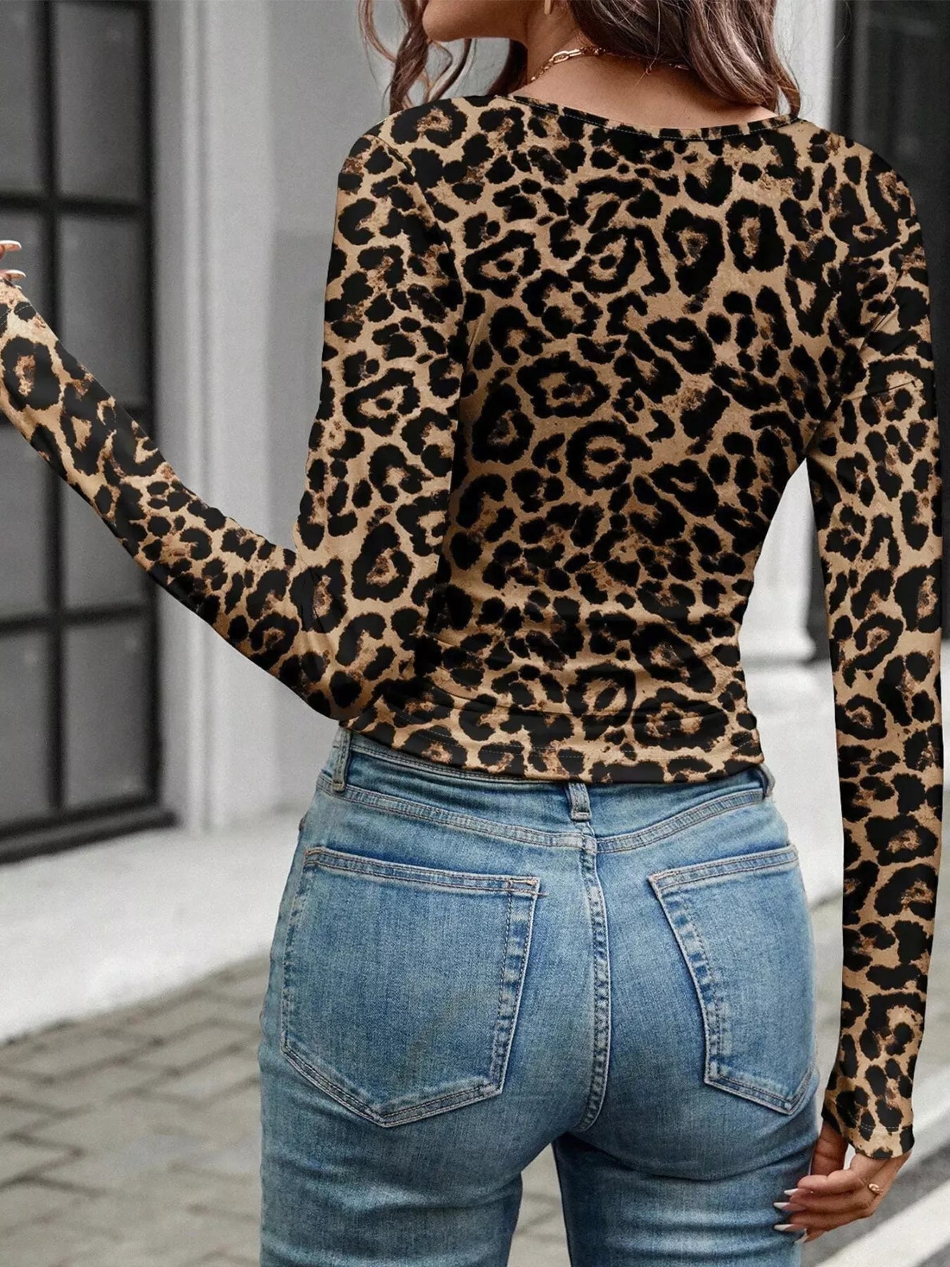 Leopard Print Square Neck Long Sleeve Top