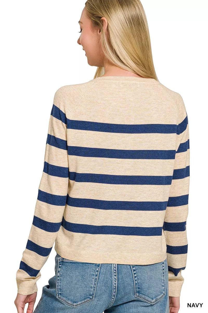 Zenana Lightweight Wool Blend Striped Round Neck Sweater