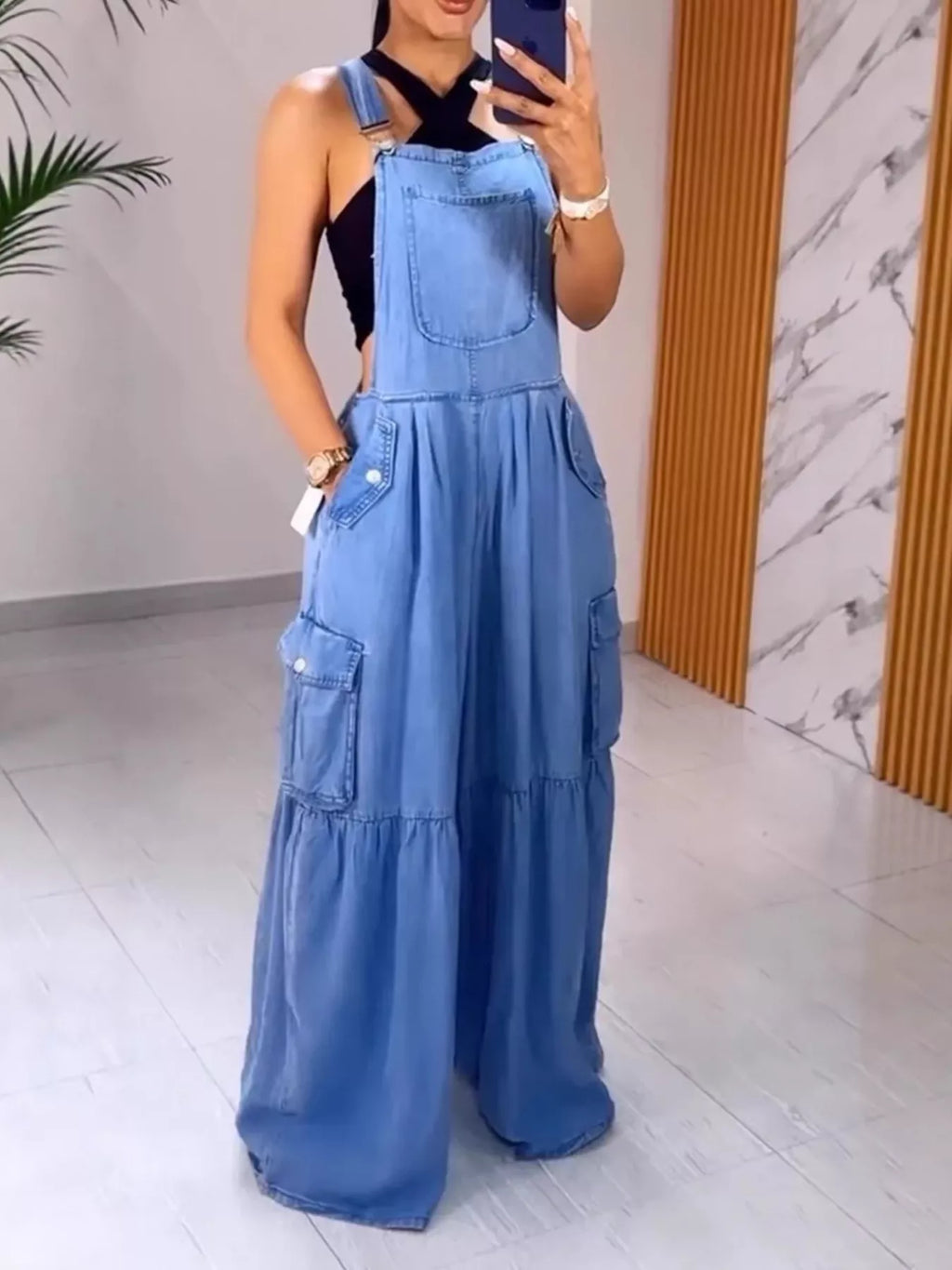 Full Size Pocketed Wide Leg Denim Overalls Plus Size