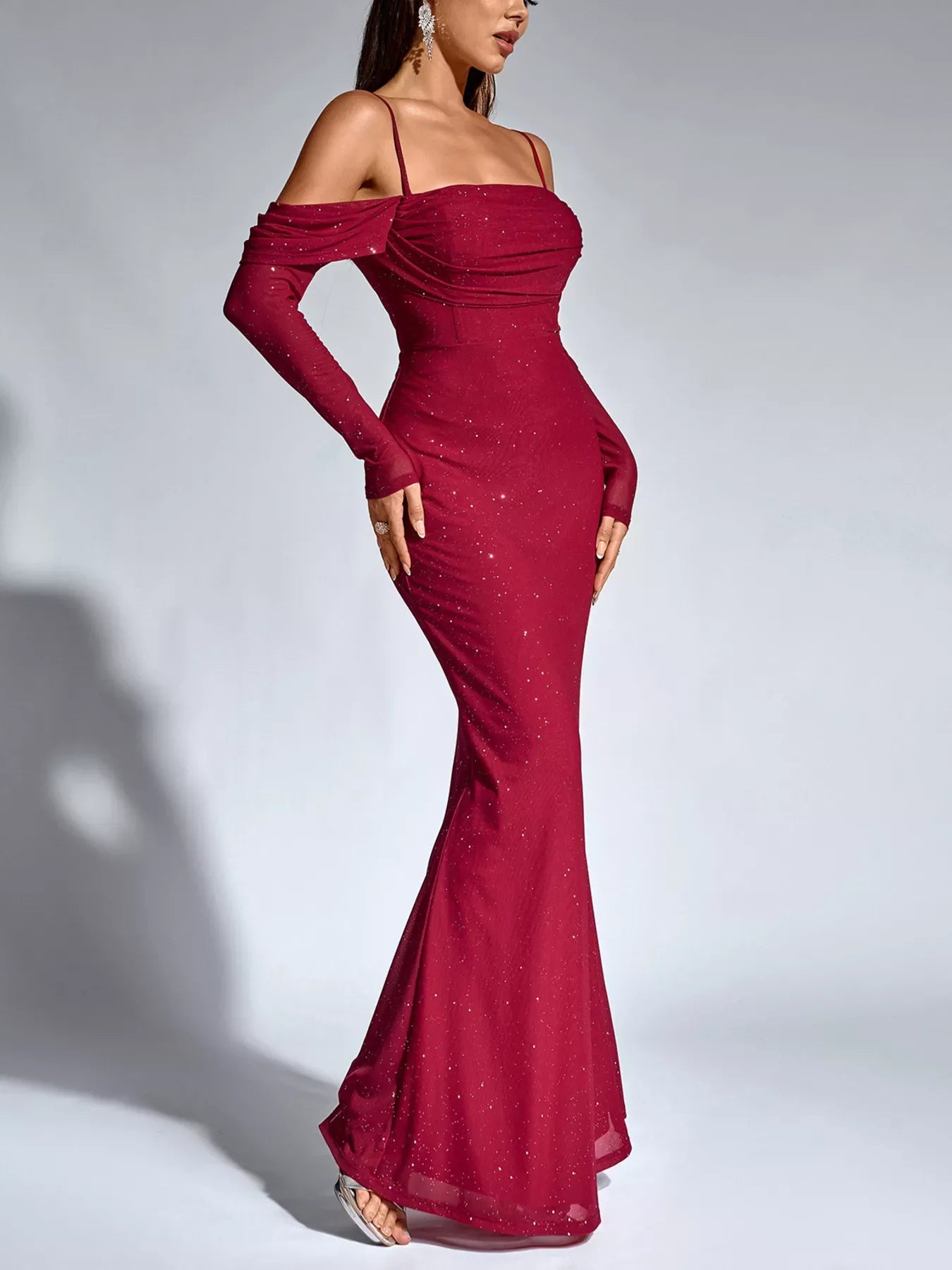 Glitter Ruched Long Sleeve Mermaid Maxi Dress
