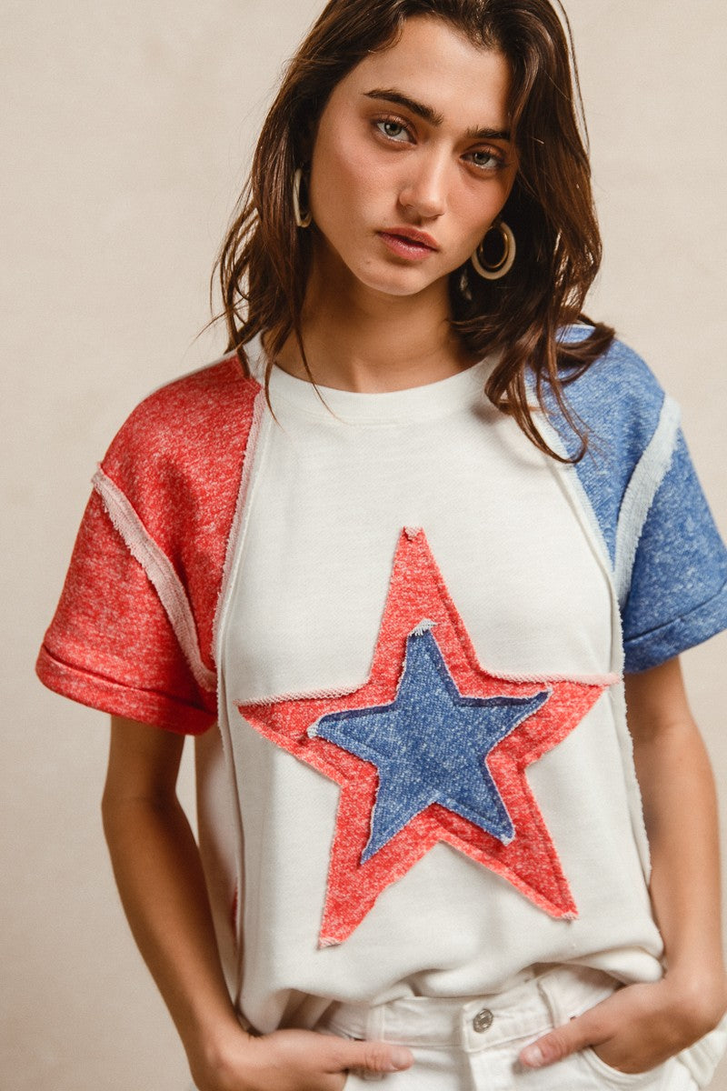 BiBi Contrast French Terry Cut Edge Detail Fourth Of July Theme T-Shirt