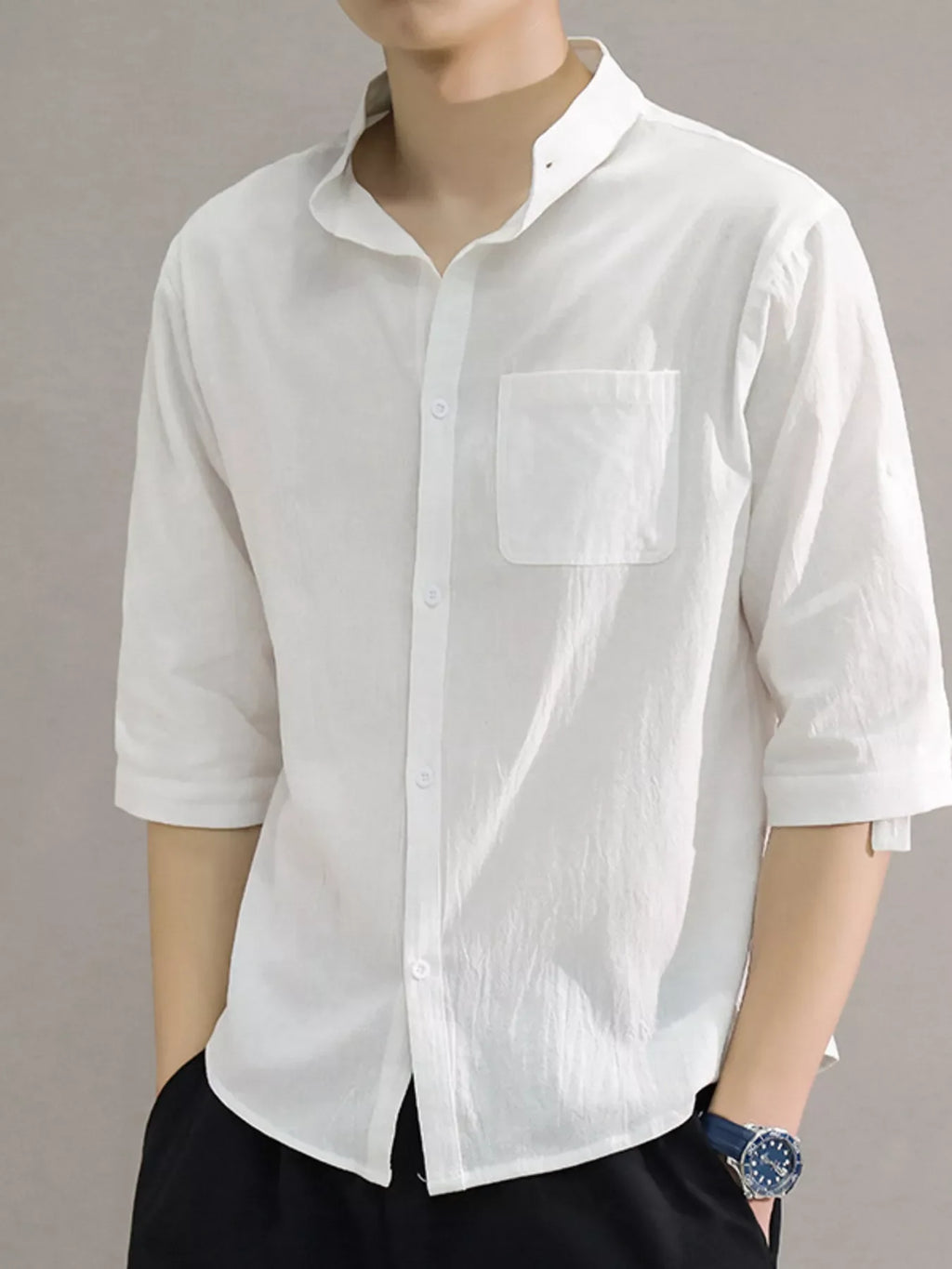 Men's Plus Size Button Up Roll-Up Sleeve Shirt