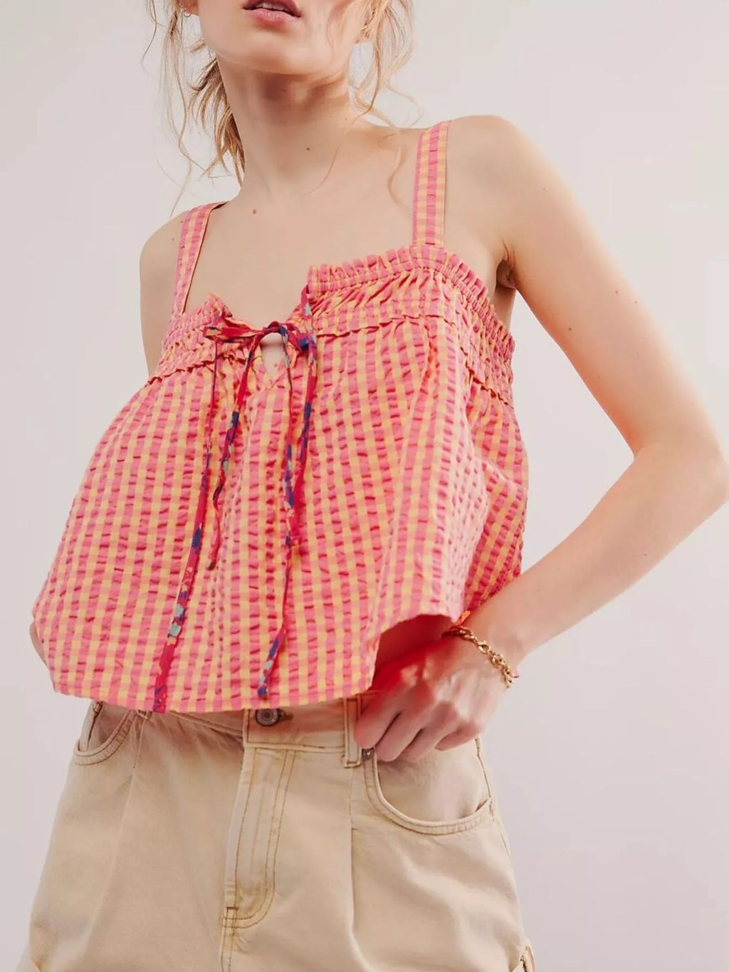 Smocked Gingham Tie-Front Cami