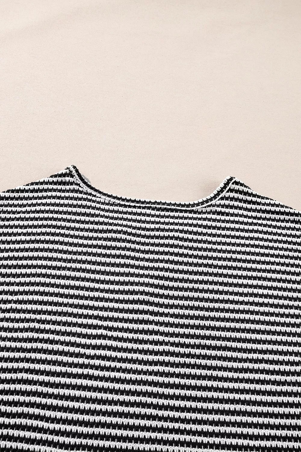 Stripe Textured Knit Notched Neck Cuffed Short Sleeve Top
