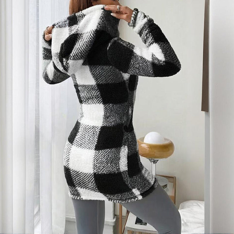 Plaid Hooded Sherpa-Lined Long Coat with Pockets