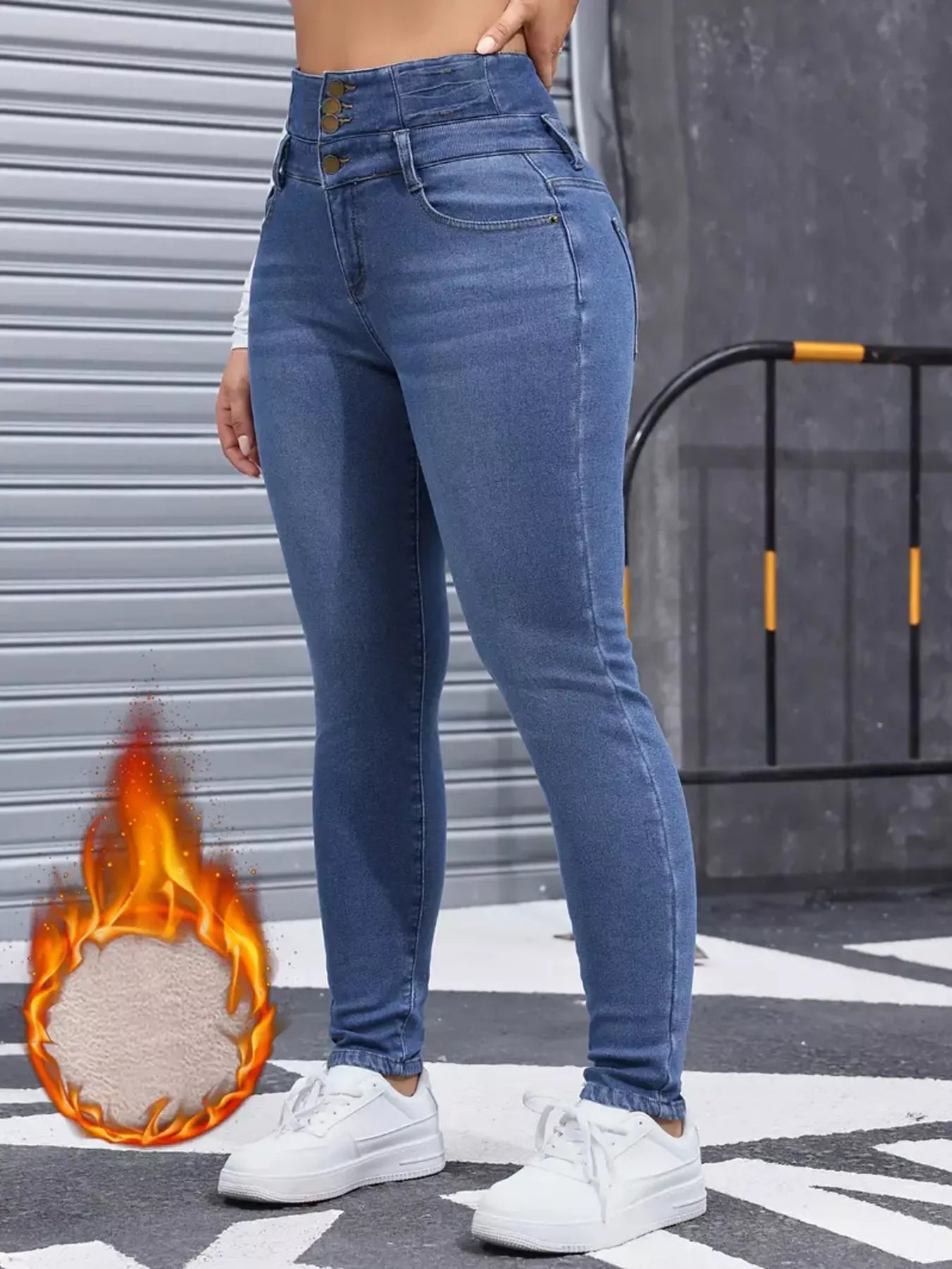 High-Waisted Slim Fit Fleece-Lined Jeans